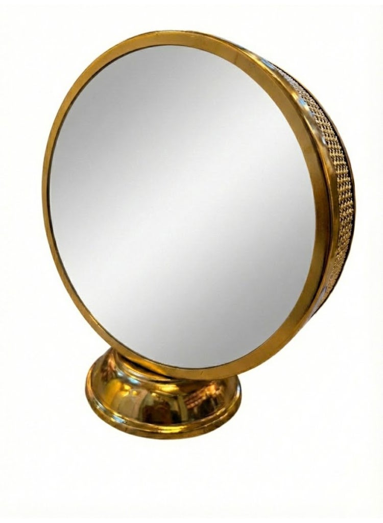 Ramadan Lantern Round Mirror Two Sides Plain and Embossed (Ramadan Kareem), Shiny Gold, Metal and Glass, with Base Holder, Islamic Motifs - Image 2